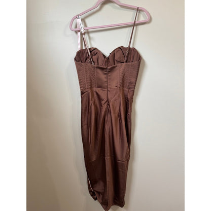 House of CB Brown Satin Corset Cowl Neck Midi Dress Chocolate Boned Bodice NWT
