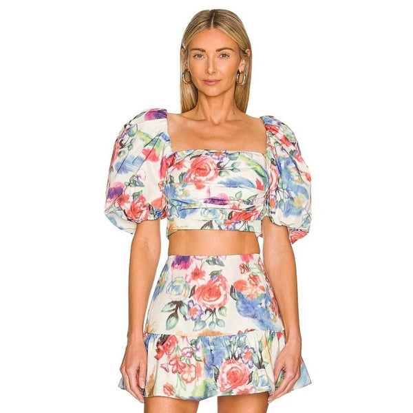Amanda Uprichard Floral Puff Sleeve Crop Top Multi Color Square Neck Size L