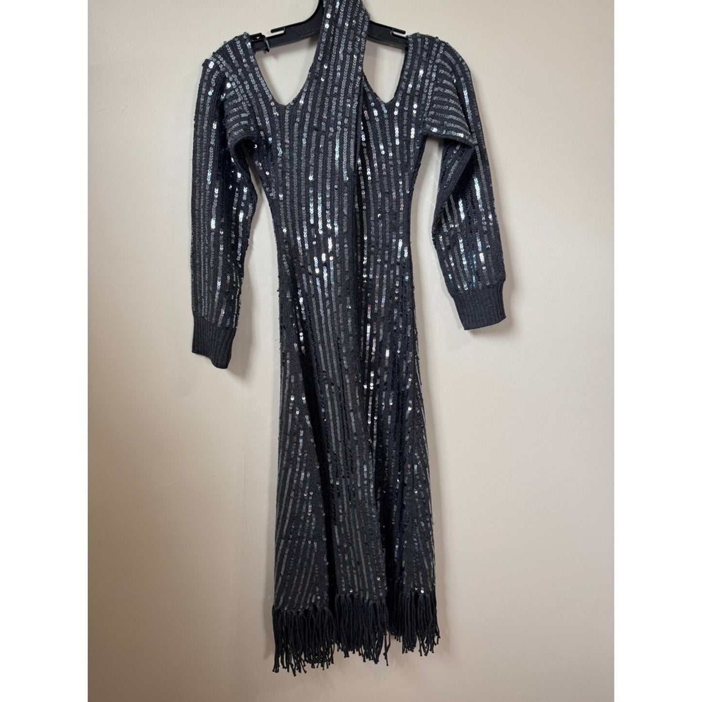 Monse Sequin Cold Shoulder Knit Midi Dress Grey Fringe Halter XS