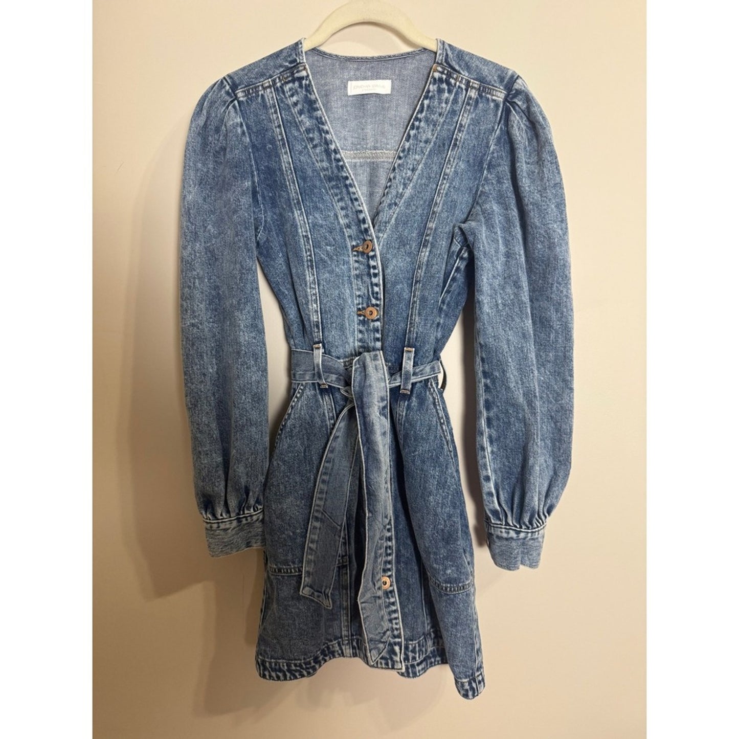 Jonathan Simkhai Standard Denim Mini Dress Blue Acid Wash Puff Sleeve Belted XS