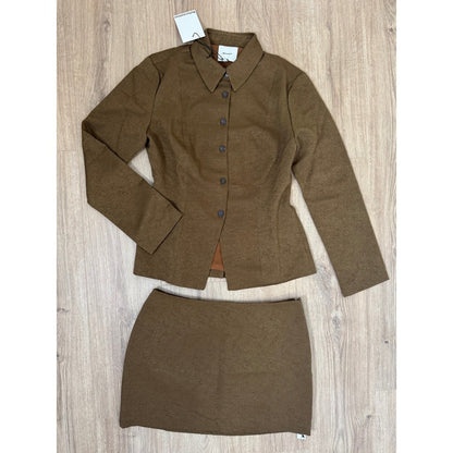 Reformation Olive Brown Textured Two Piece Skirt Set Jacket Mini Skirt NWT