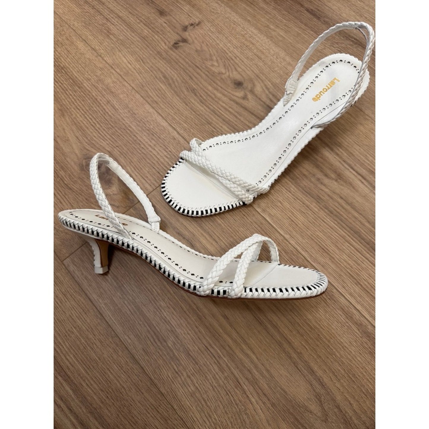 Larroude White Leather Braided Slingback Kitten Heel Sandals Whipstitch Trim