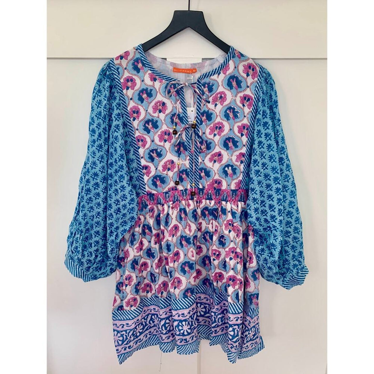 Oliphant Tie Front Balloon Mini Dress Iris Blue Medium Floral Print Long Sleeve‎