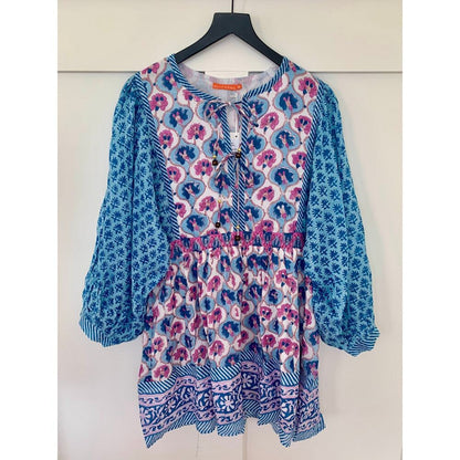 Oliphant Tie Front Balloon Mini Dress Iris Blue Medium Floral Print Long Sleeve‎