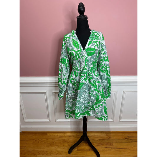 Anthropologie Let Me Be Kelly in Green Floral Tunic Dress Medium Long Sleeve