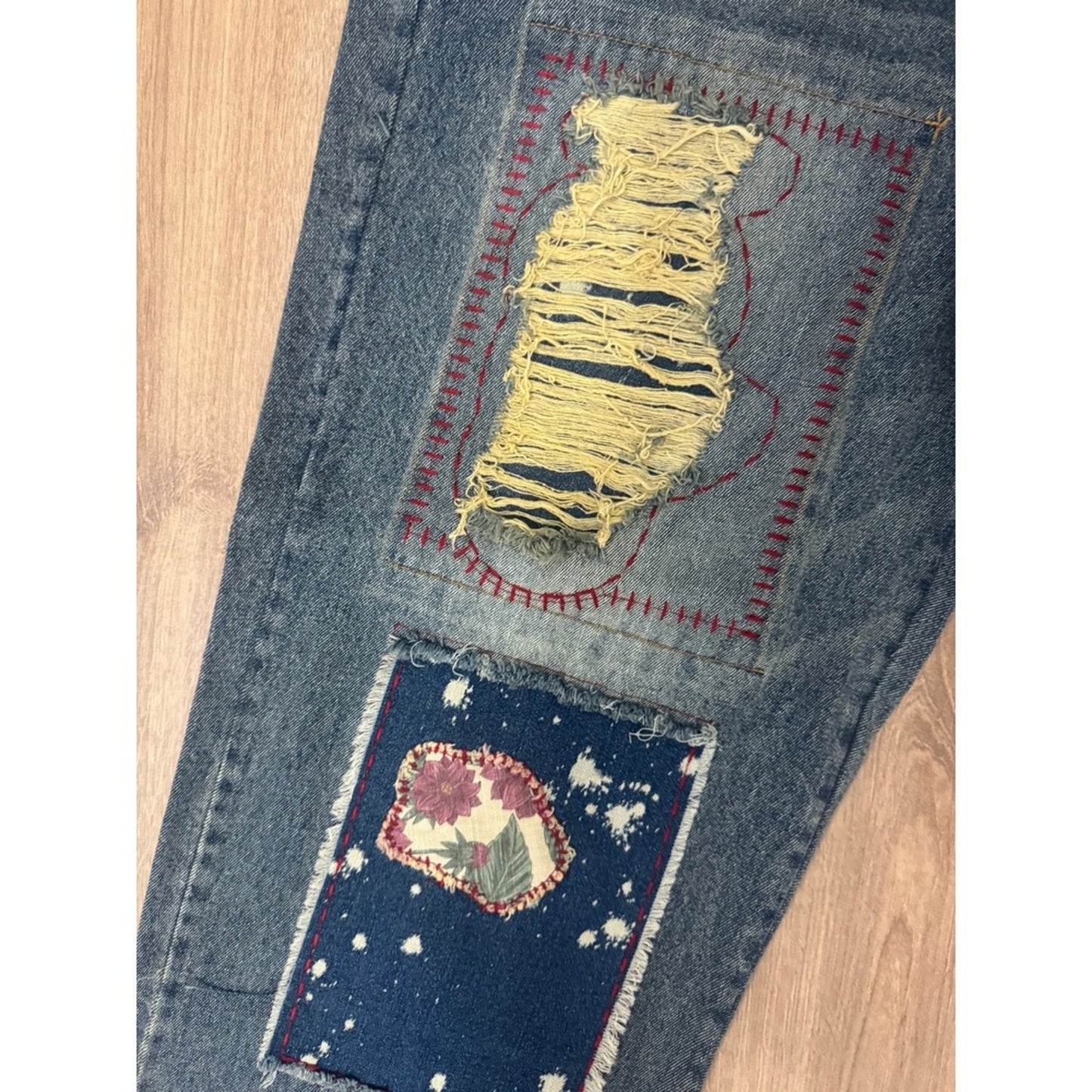 Jaded Gypsy Distressed Patchwork Boho Denim Jeans Medium Wash Straight Leg NEW
