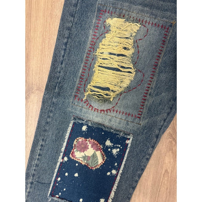 Jaded Gypsy Distressed Patchwork Boho Denim Jeans Medium Wash Straight Leg NEW