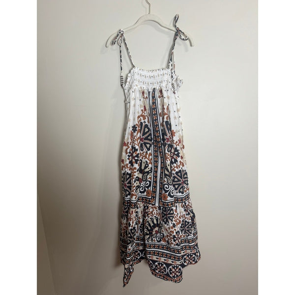 Farm Rio Women XL White Tile Floral Smocked Tiered Midi Dress Beaded Tassels