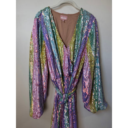 Show Me Your Mumu Rainbow Sequin Mini Dress Long Sleeve Wrap Belted Pastel XL