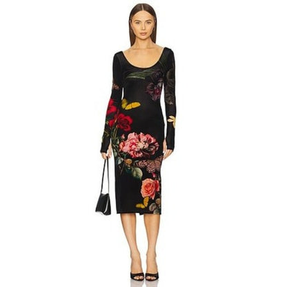 Alice + Olivia Delora Floral Butterfly Midi Dress Black Long Sleeve Scoop Neck