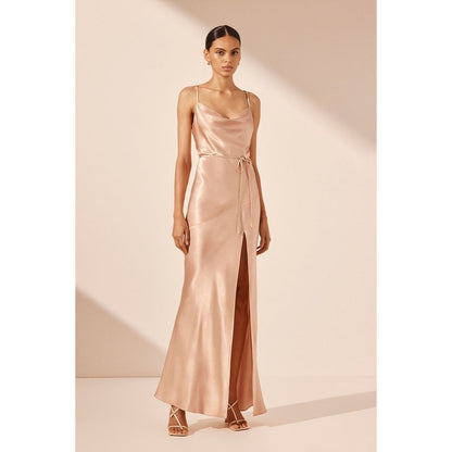 Shona Joy La Lune Bias Maxi Dress in Desert Rose Size 4 Cowl Neck Front Split