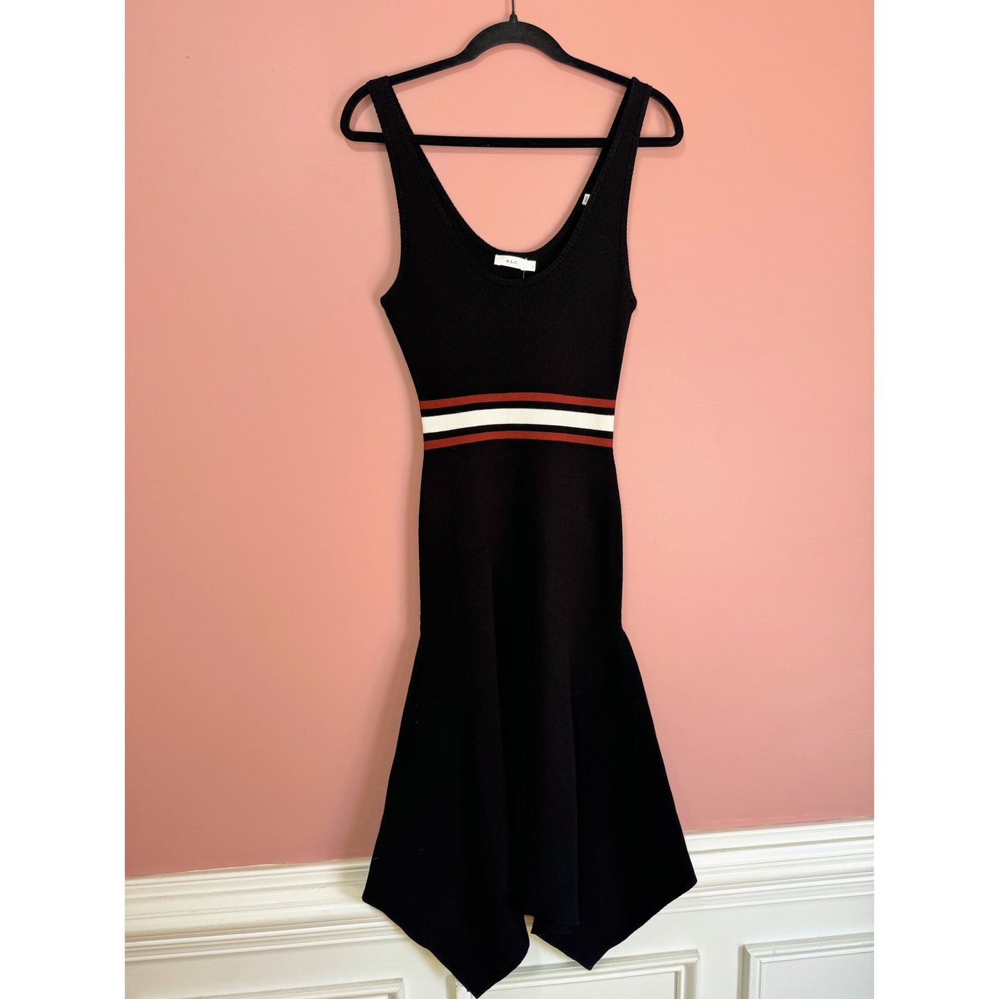 NEW NWT A.L.C. Anders Hankerchief Hem Ribbed Midi Dress in Black Stripe Size Large