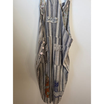 Jaded Gypsy Boho Patchwork Striped Overalls Grey White Lace Trim Slouchy Womens