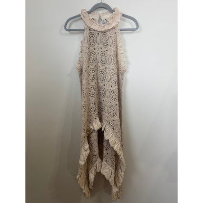 Jaded Gypsy Crochet Lace Ruffle High Neck Tunic Top Beige Sleeveless Lagenlook