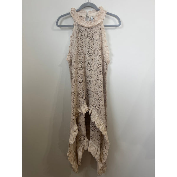 Jaded Gypsy Crochet Lace Ruffle High Neck Tunic Top Beige Sleeveless Lagenlook
