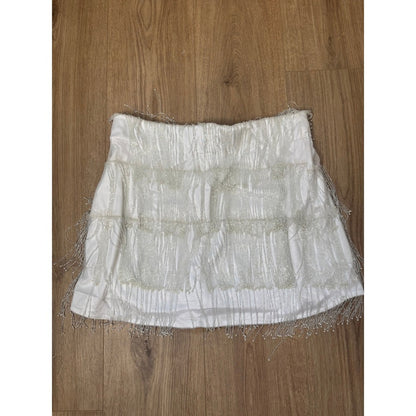 Show Me Your Mumu White Beaded Fringe Mini Skirt Bridal Bachelorette Party Large