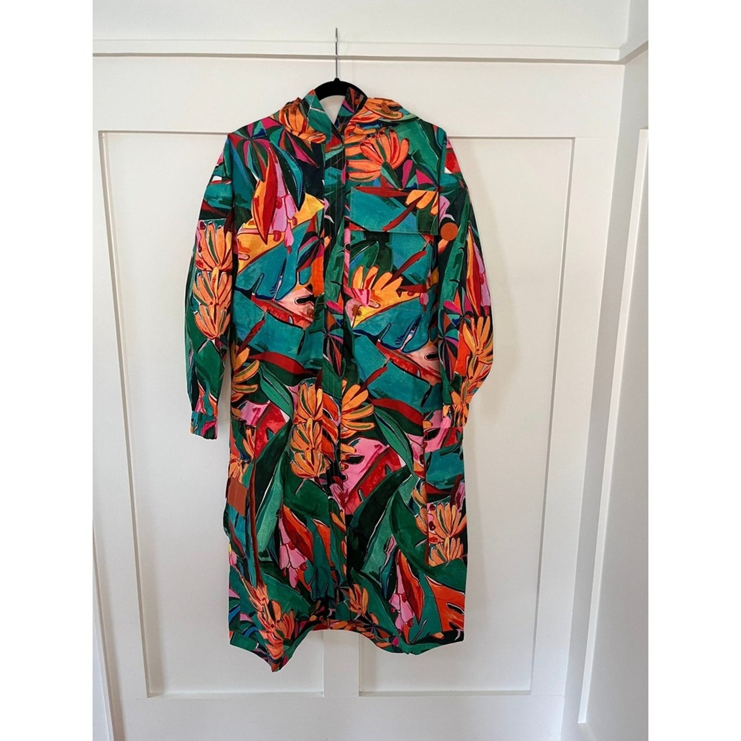 FARM Rio Tropical Print Hooded Long Raincoat Jacket XS Waterproof Windproof