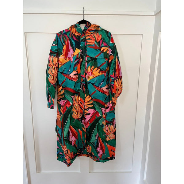 FARM Rio Tropical Print Hooded Long Raincoat Jacket XS Waterproof Windproof