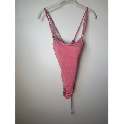 Pink Metallic Shimmer One Piece Swimsuit Lace Up Back Gold Shell Charms High Cut