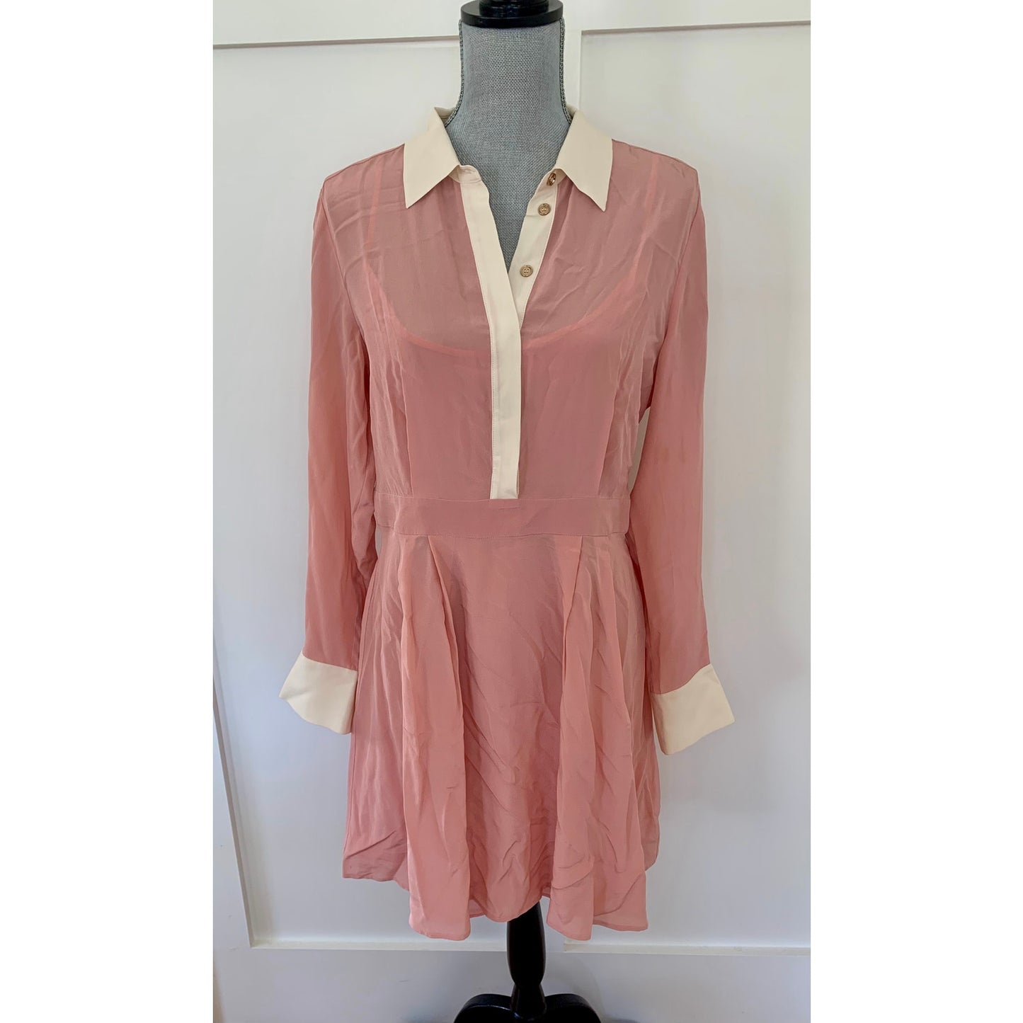 Karen Millen Colour Block Silk Satin Long Sleeve Dress Pink Size 14 Button Front