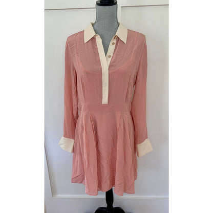 Karen Millen Colour Block Silk Satin Long Sleeve Dress Pink Size 14 Button Front