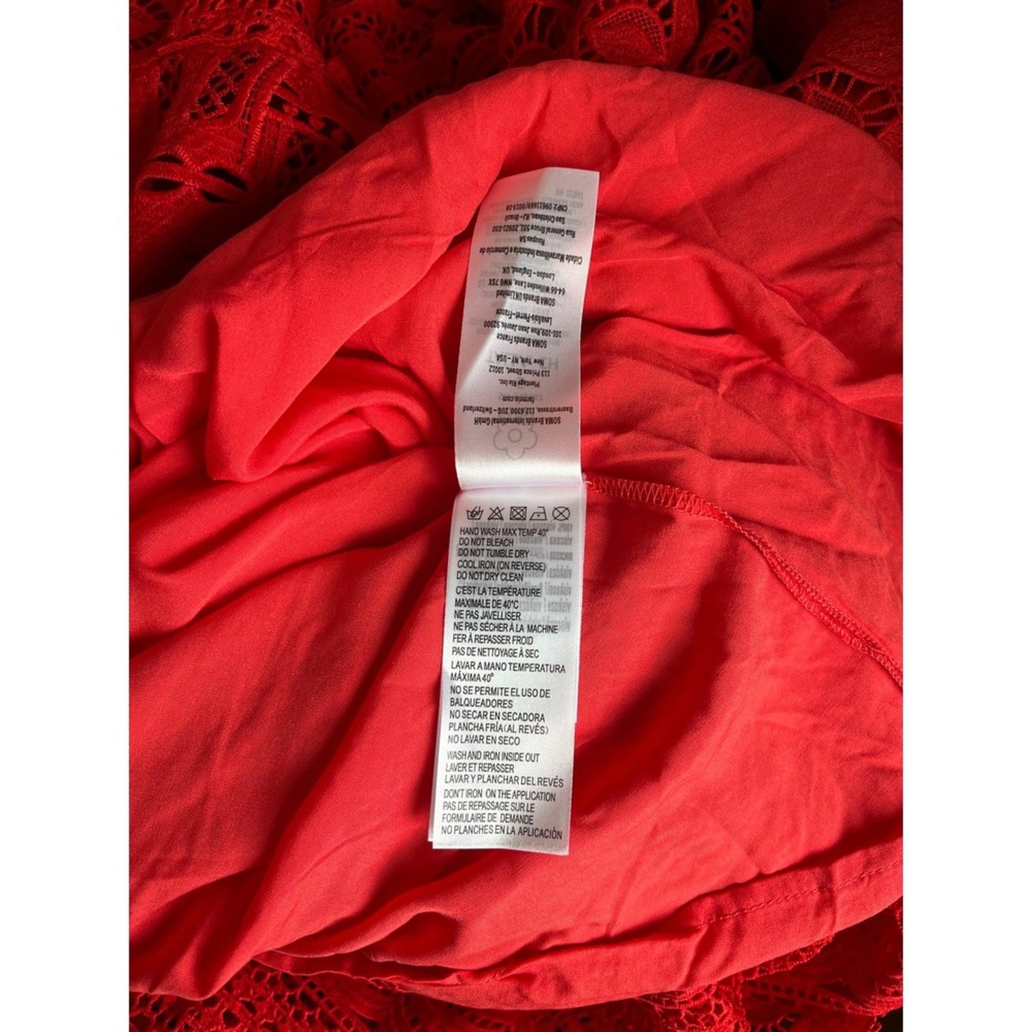 Farm Rio Maxi Dress Red Lace V Neck Long Sleeve Tie Waist Tiered Ruffle Size S