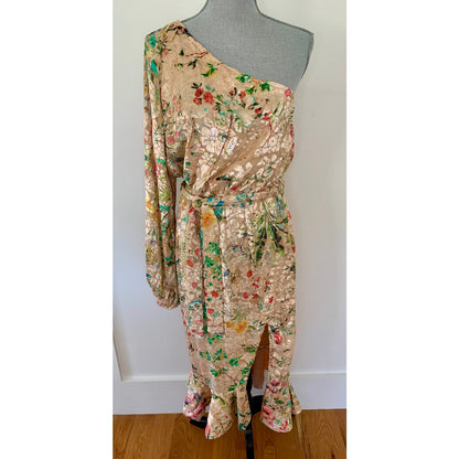 Hemant & Nandita Veena Dress in Nude Large Midi Floral One-Shoulder Lined
