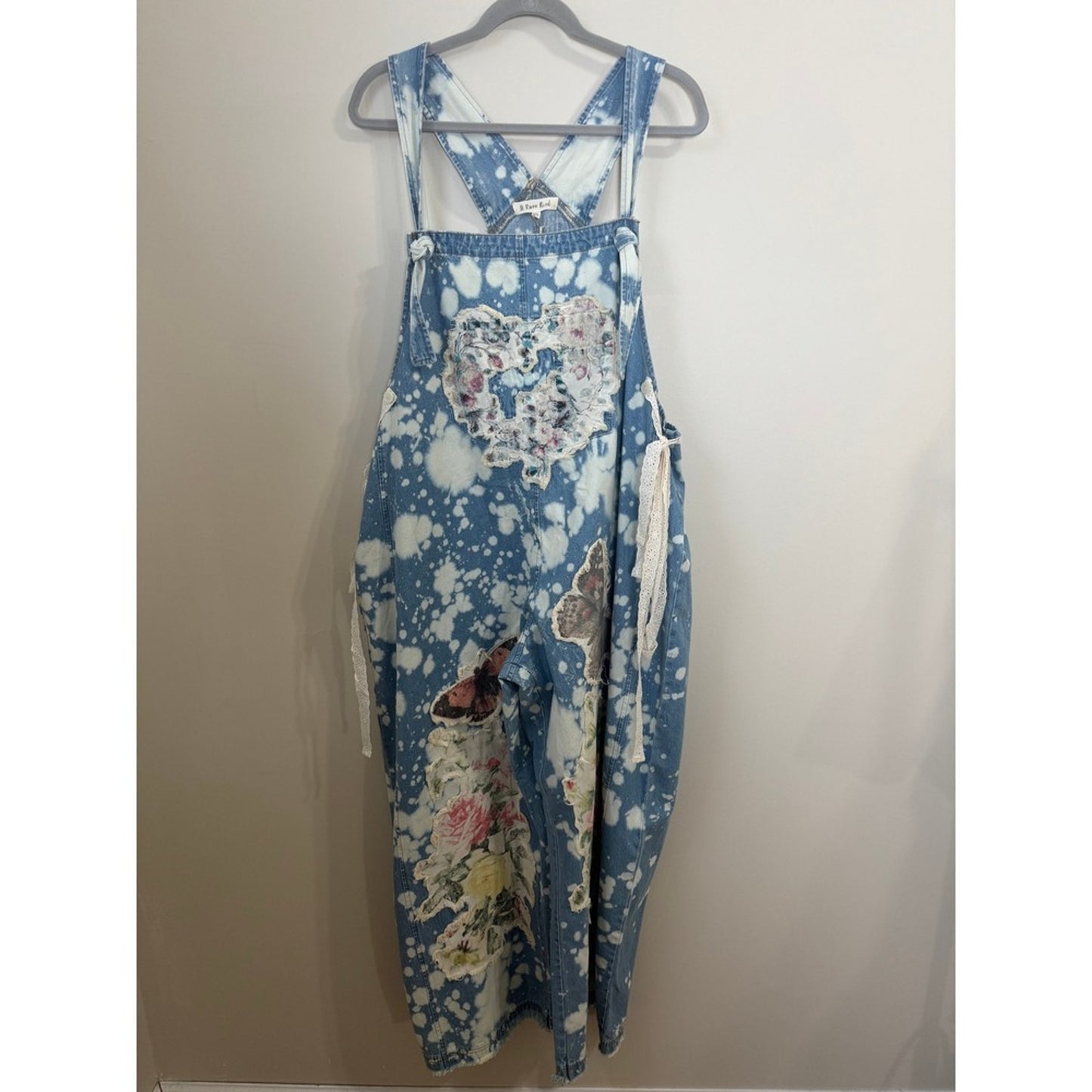 A Rare Bird Shop Custom Denim Overalls Acid Wash Floral Butterfly Lace Heart OS