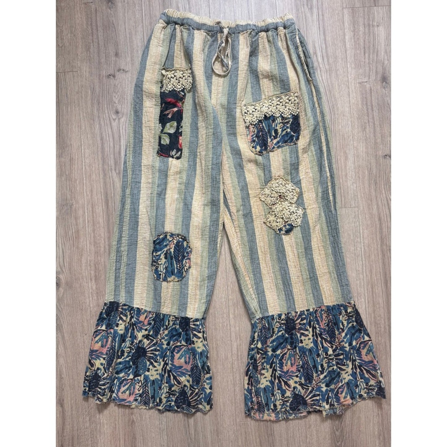 Jaded Gypsy Striped Patchwork Lace Ruffle Wide Leg Pants Blue Cream Boho