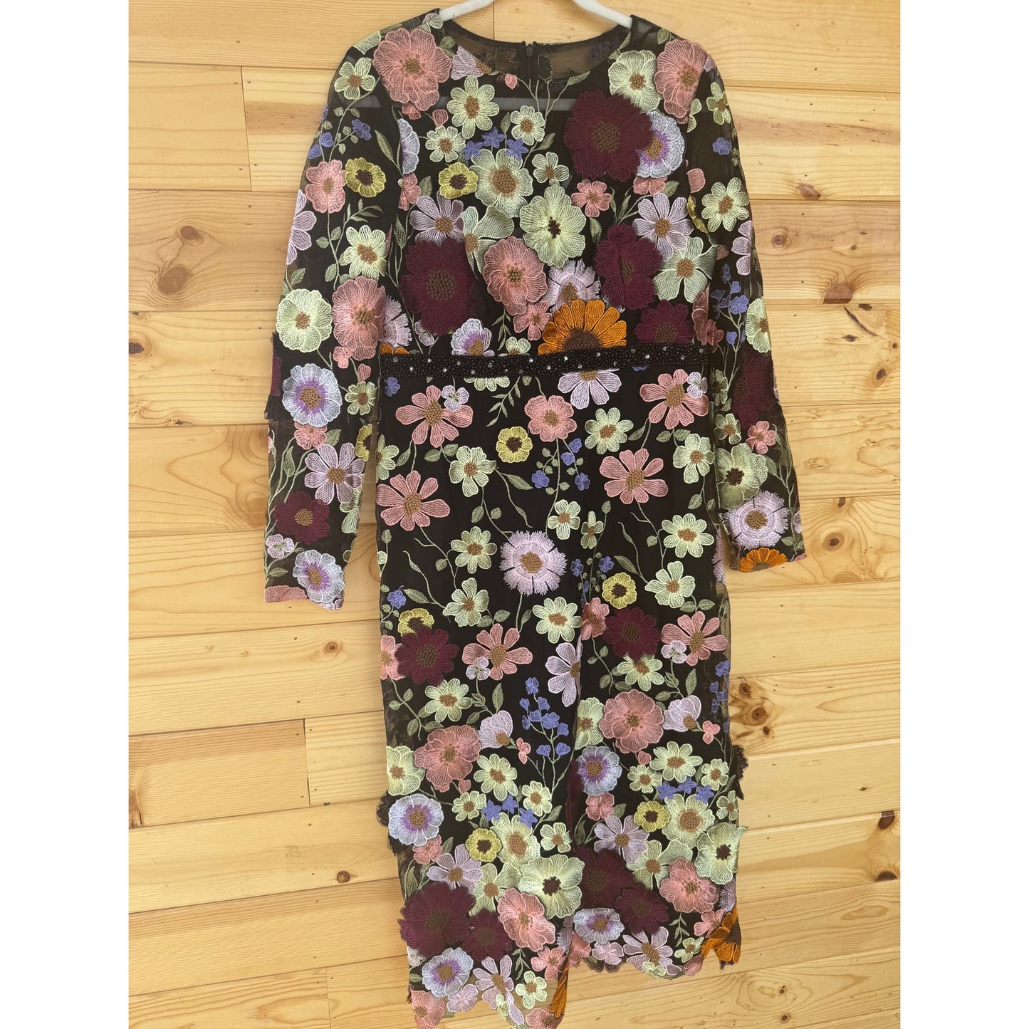 Mac Duggal Floral Applique Long Sleeve Midi Dress Black Multi Sz 10 STYLE 68462