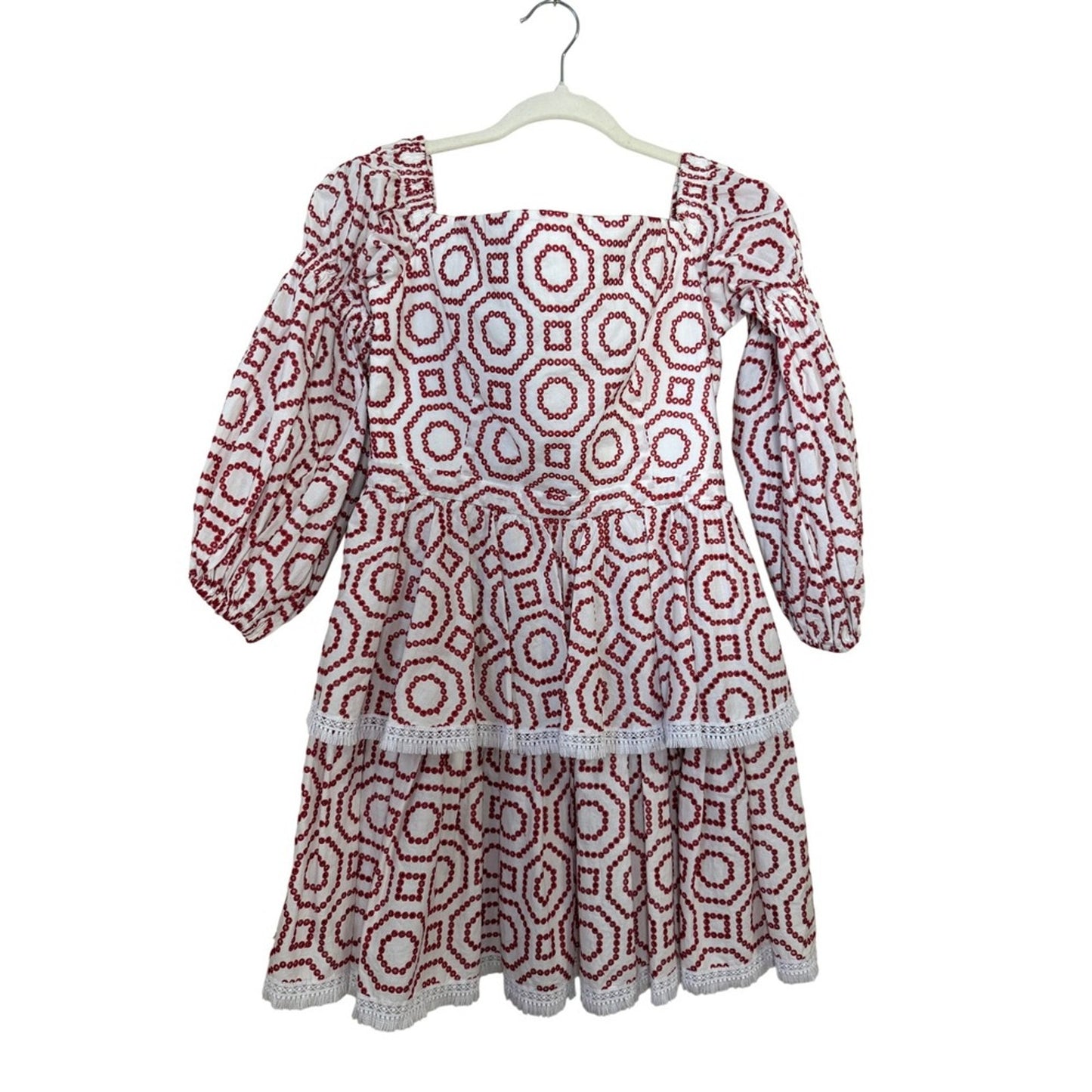 ALEXIS White Red Geometric Embroidered Tiered Square Neck Mini Dress M
