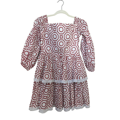 ALEXIS White Red Geometric Embroidered Tiered Square Neck Mini Dress M