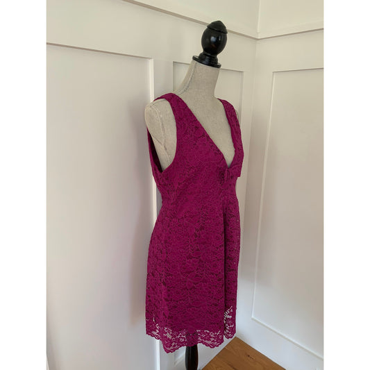 Zara Lace Mini Dress in Plum Large V-Neck Floral Bow Front Detail Lined Party