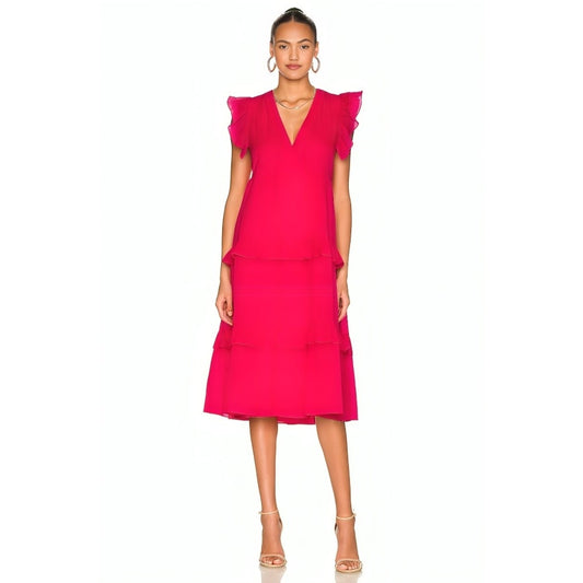 Amanda Uprichard Chamomile Dress in Cerise Large Sleeveless Tiered V-Neck Lined