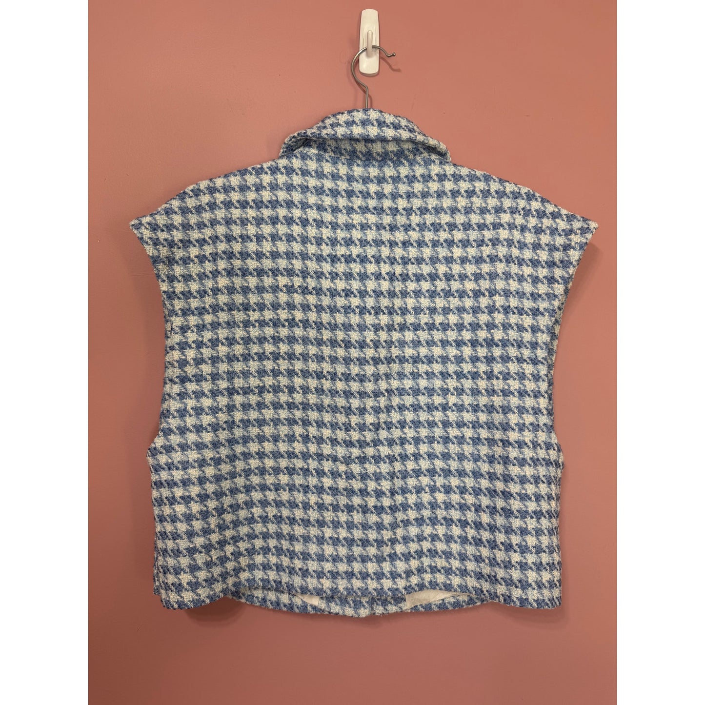 NEW Zara Blogger Fave Blue Tweed Houdstooth Vest Silver Buttons Size Medium