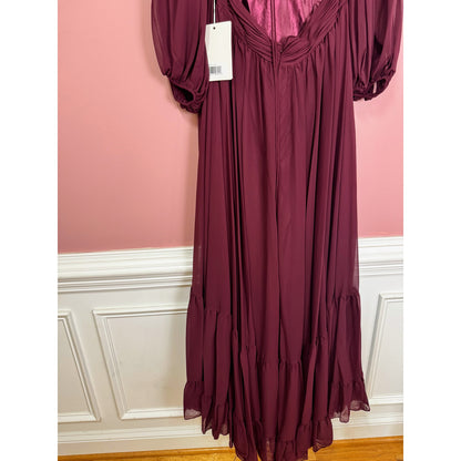NEW NWT Mac Duggal Pleated Cut Out Long Sleeve Lace Up Tiered Gown STYLE 67948 Size 16 Plum