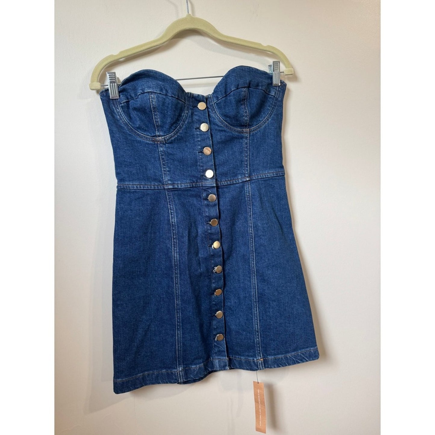 Reformation Strapless Denim Mini Dress Blue Button Front Sweetheart Bustier NEW