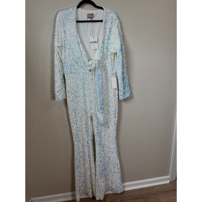 Show Me Your Mumu White Iridescent Sequin Jumpsuit Tie Front Flare XXL NEW