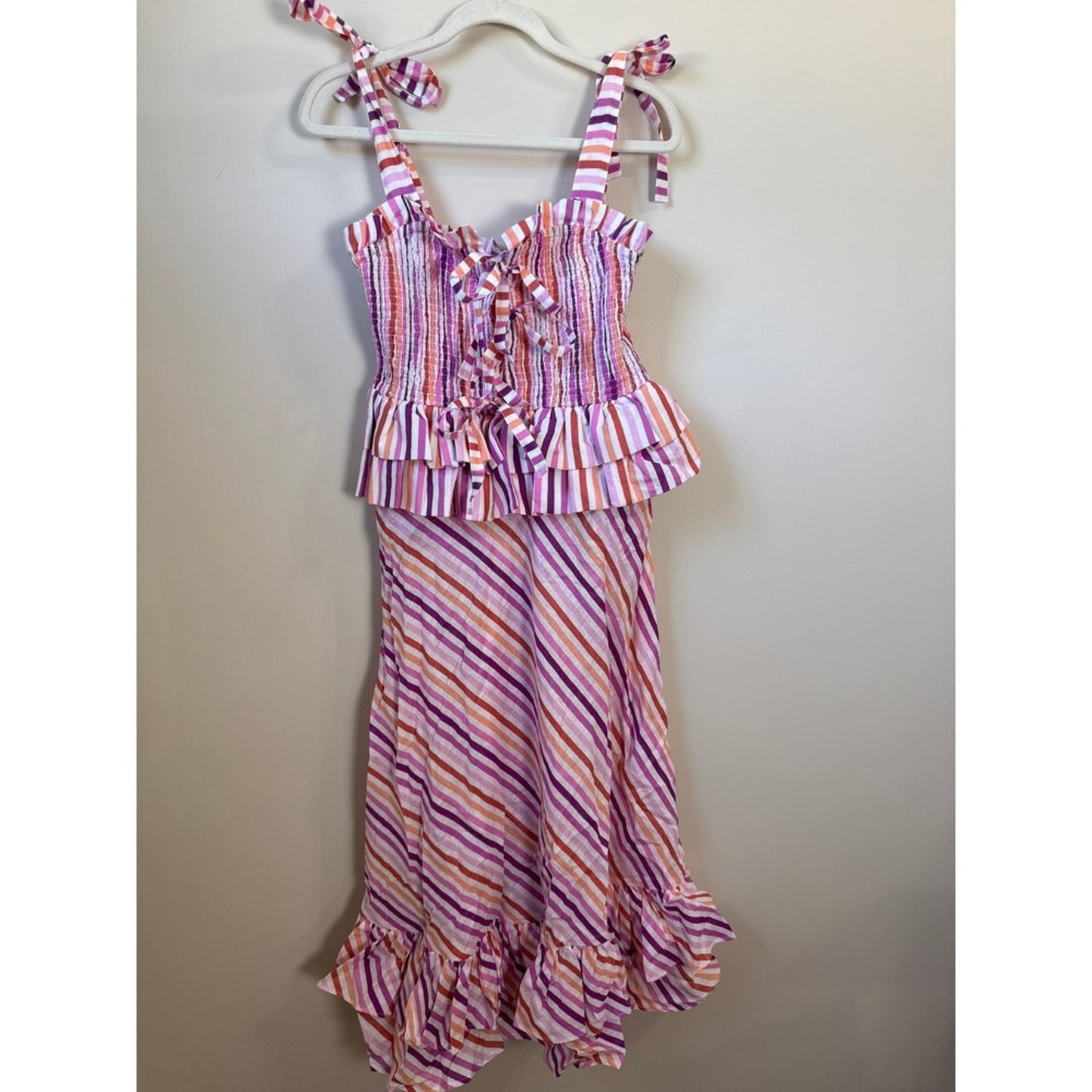CeliaB Striped Maxi Dress Pink Orange Smocked Bodice Ruffle Hem Tie Shoulder NEW