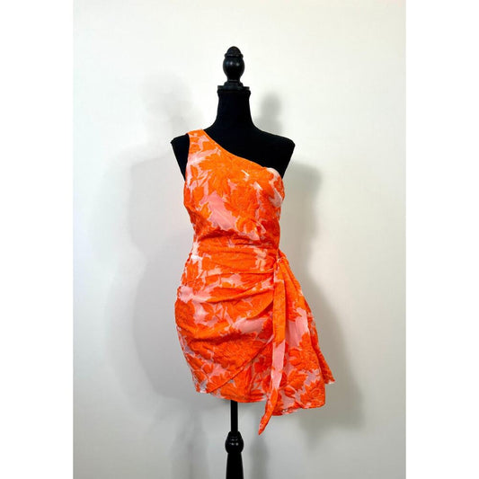 Showpo Brailey Mini Dress Orange Jacquard Size 4 Floral One Shoulder Wrap‎ Front