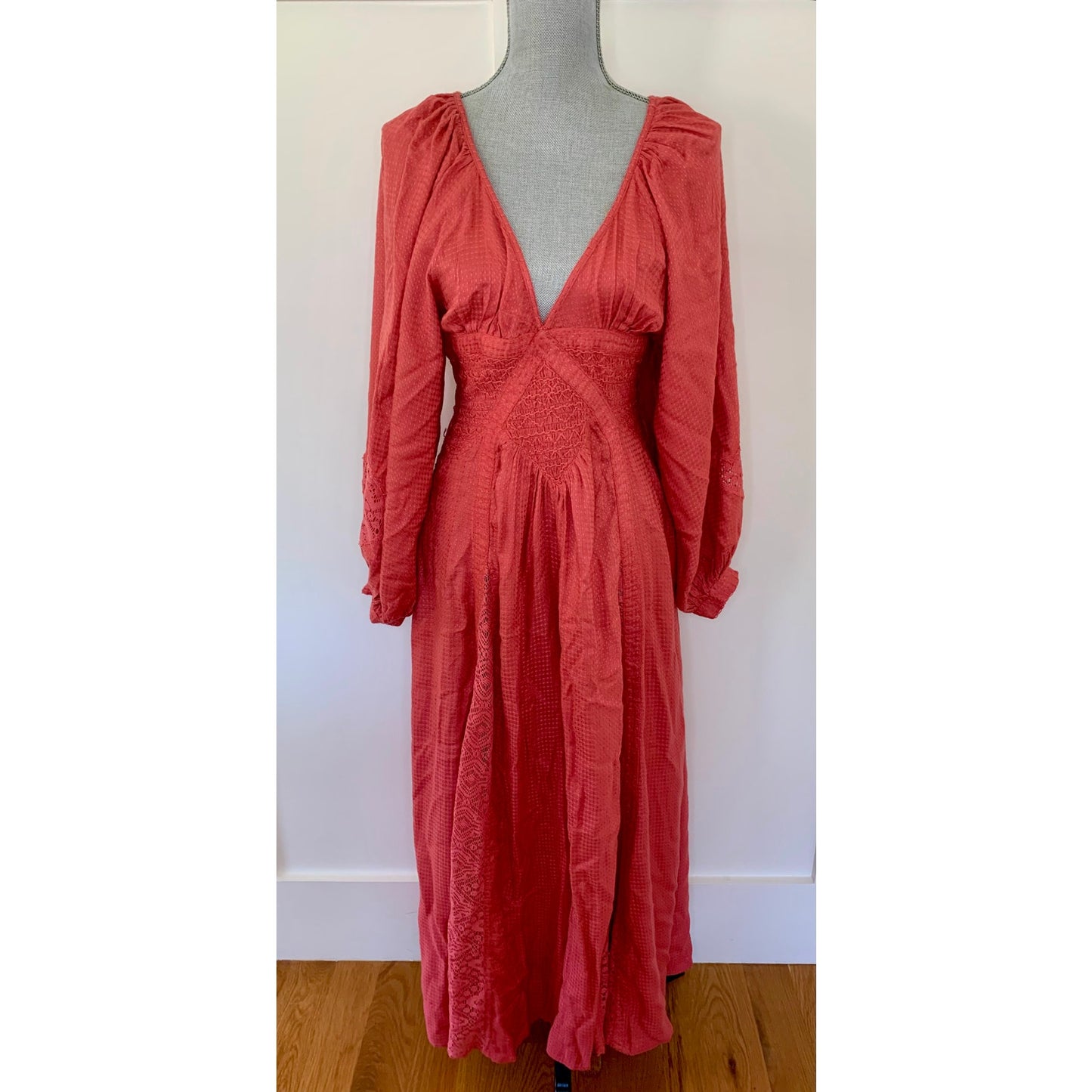Free People South West Lace Maxi Boho Dress in Rose Small Long Sleeve V-Neck