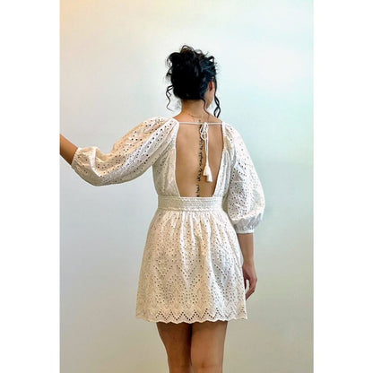 CleoBella Aria Mini Dress White Small Long Sleeve Embroidered Eyelet Tasseled‎