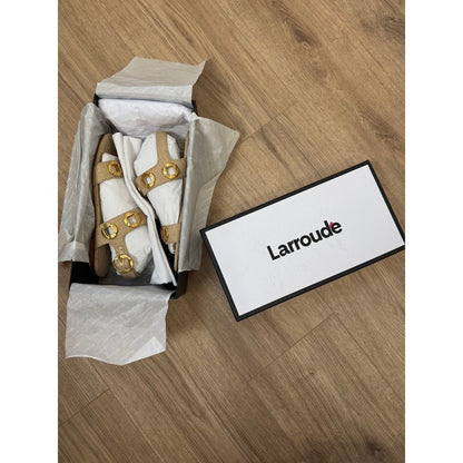 Larroude Floral Raffia Flat Sandals with Buckle Detail Beige Yellow Daisy Print