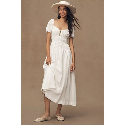 Reformation Rhett Linen Dress White Puff Sleeve Smocked Midi Dress Size 8 NWT