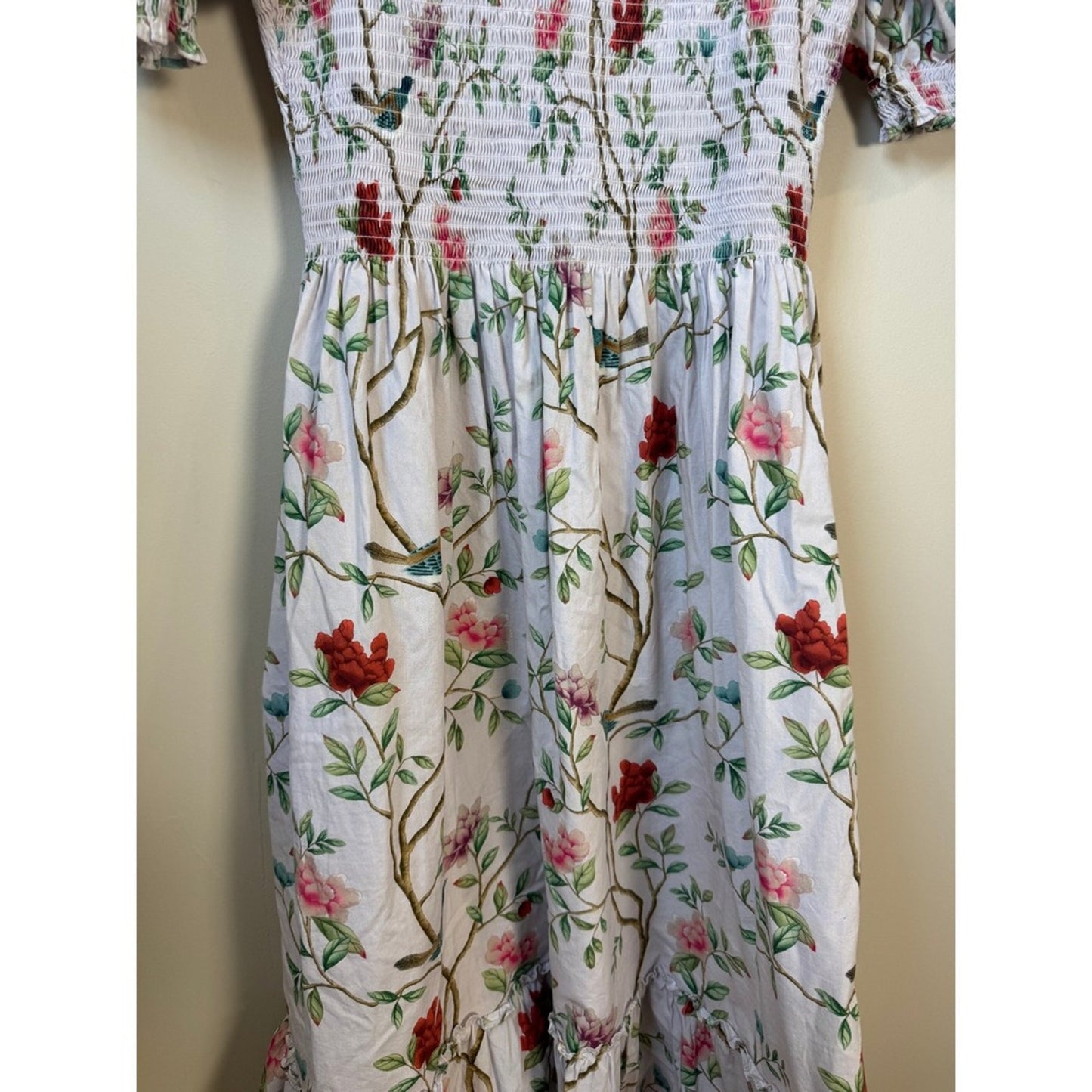 Hill House Home x Diane Hill Anjuli Nap Dress Floral Bird Smocked Midi Medium