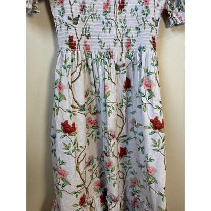 Hill House Home x Diane Hill Anjuli Nap Dress Floral Bird Smocked Midi Medium