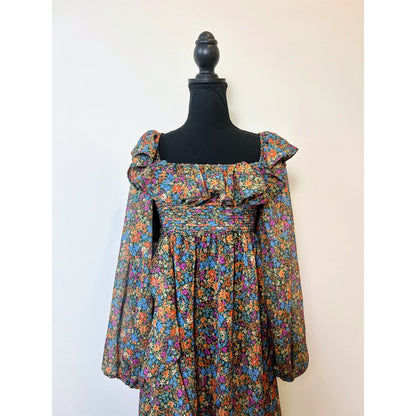For Love & Lemons Brittany Midi Dress in Blue Small Ditsy Floral Long Sleeve