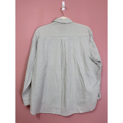 Zara Green Stripe Linen Blend Button Down Blouse Size Medium