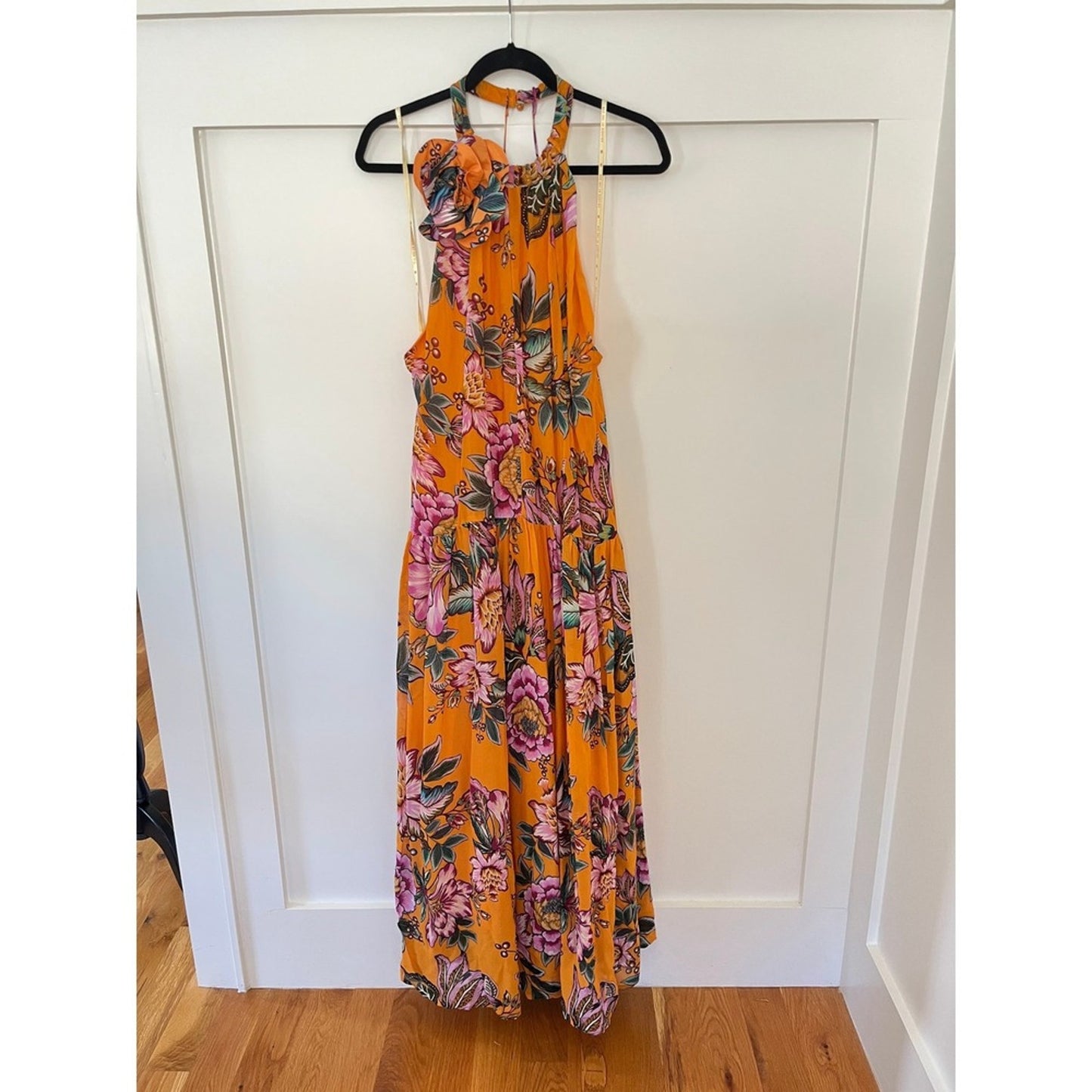FARM RIO Floral Maxi Dress Orange Halter Neck Flower Embellished Tie Waist XL