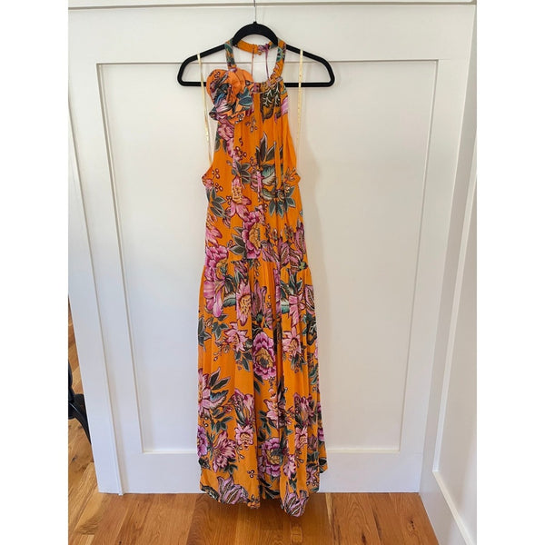 FARM RIO Floral Maxi Dress Orange Halter Neck Flower Embellished Tie Waist XL